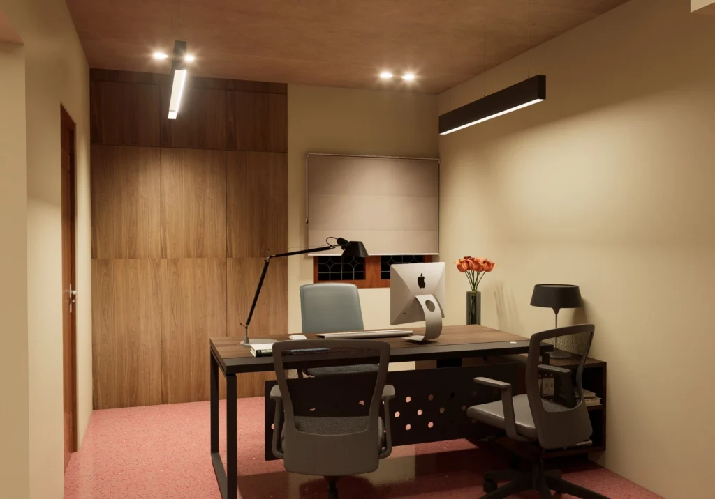 Children’s room — twin study desks and bed beneath the green cove