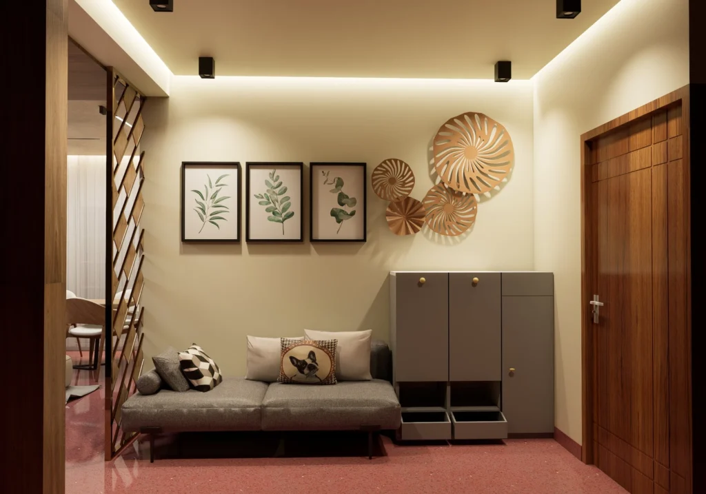 Master bedroom — pichwai-papered headboard against microcement walls