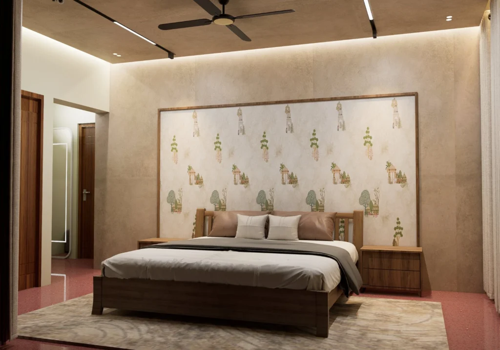 Living — walnut media wall and recessed display niche over coral terrazzo