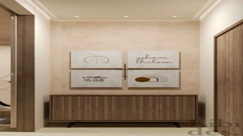 Foyer console — the “Yehova Shalom” panel