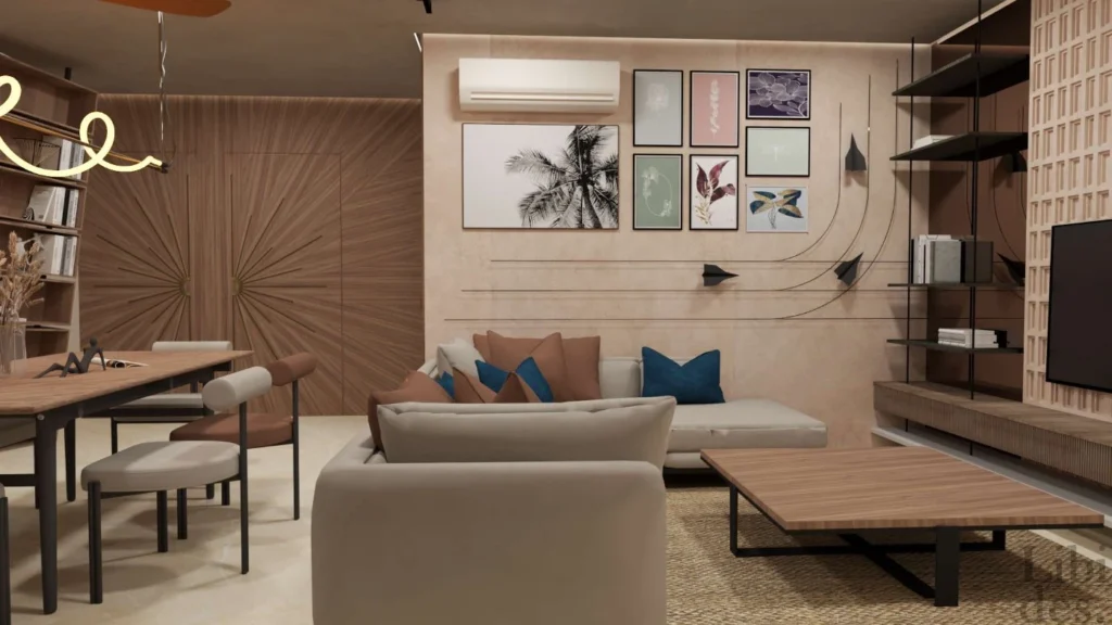 Living — gallery wall and fluted media unit
