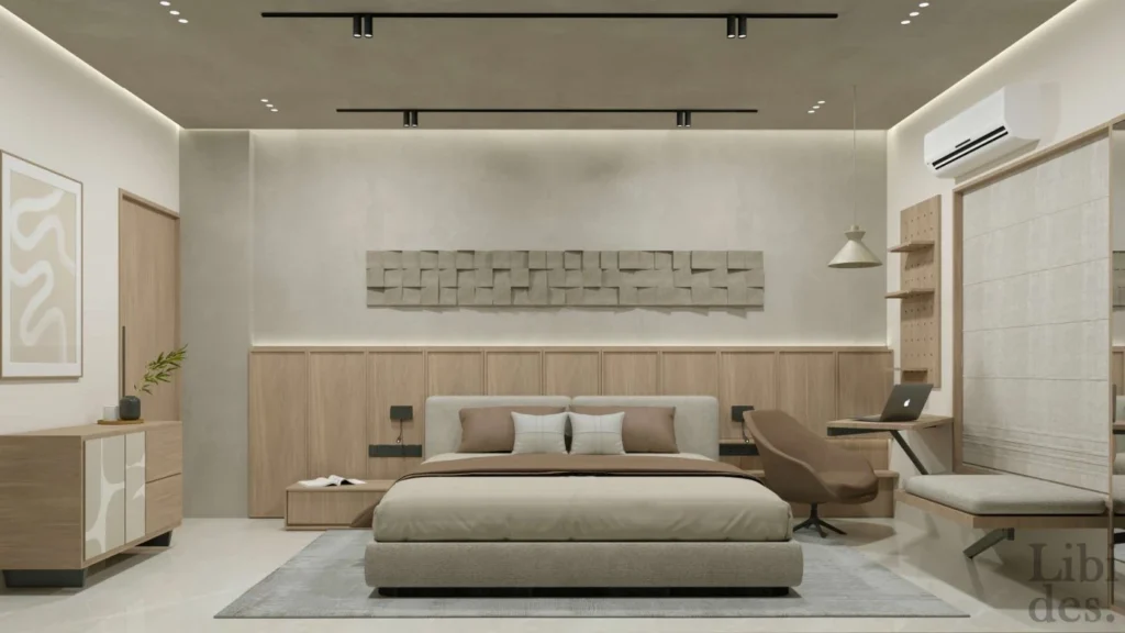 Master bedroom — panelled headboard wall