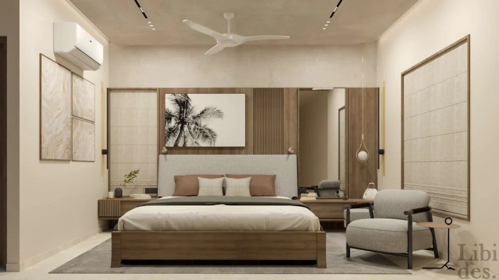 Bedroom — palm-print headboard