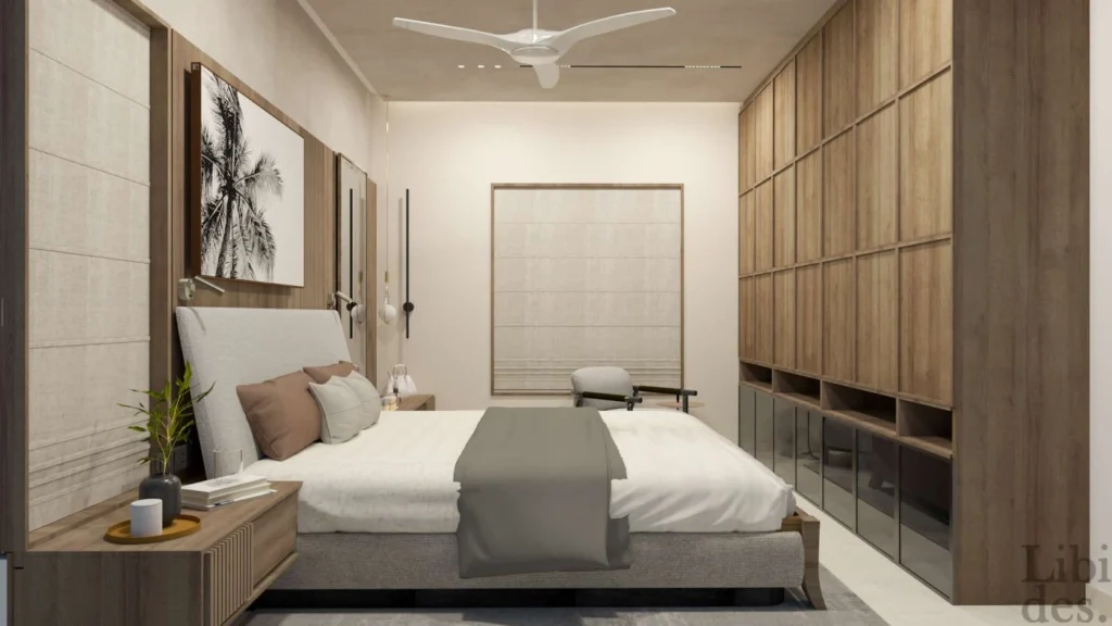 Bedroom — woven blinds and warm oak