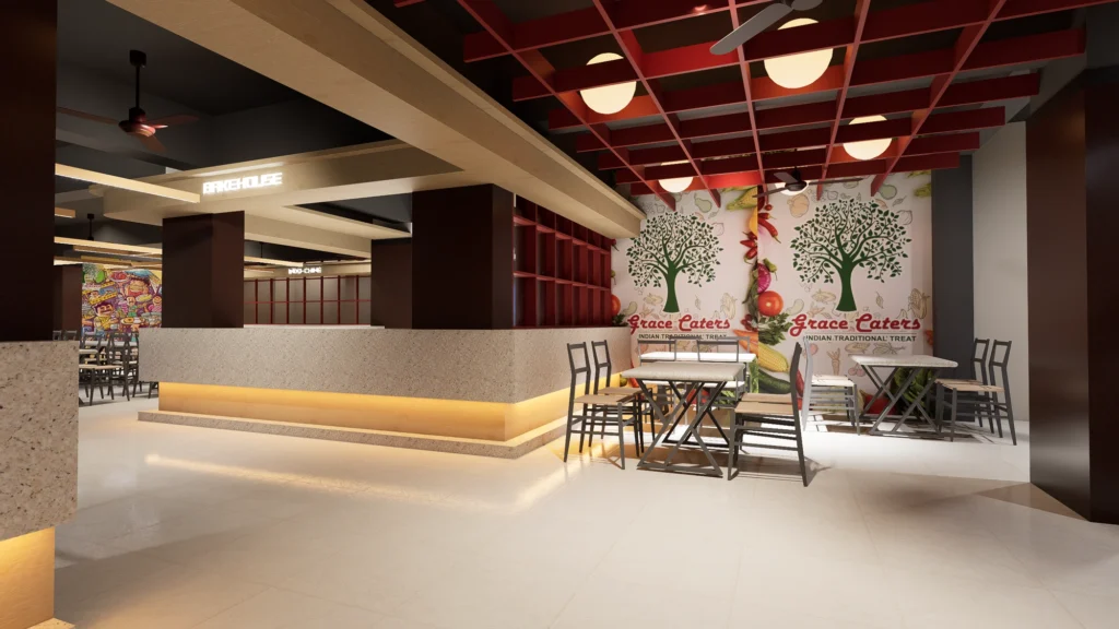 Bakehouse counter — terrazzo servery beneath the red canopy