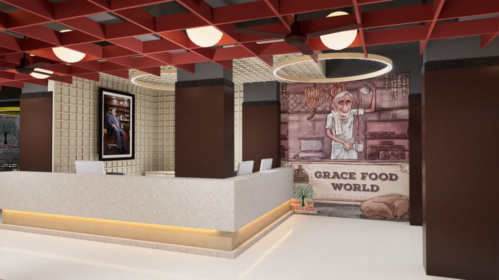 Reception — ring lights and founder portrait at the Grace Food World wall