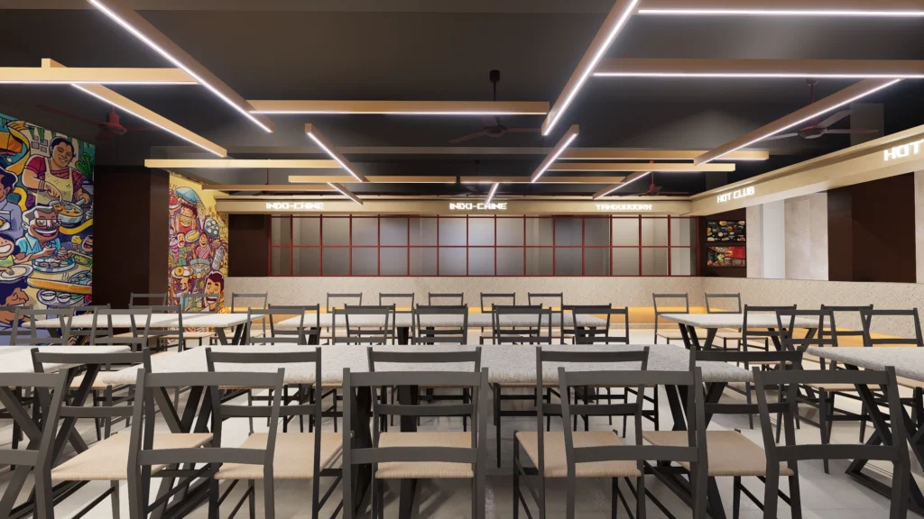 Cuisine stalls — Indo-Chine, Tandoor and Hot Club fronts under linear light