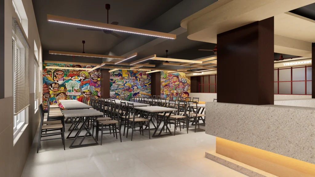 “Streets of India” dining bay — caricature mural and floating light battens