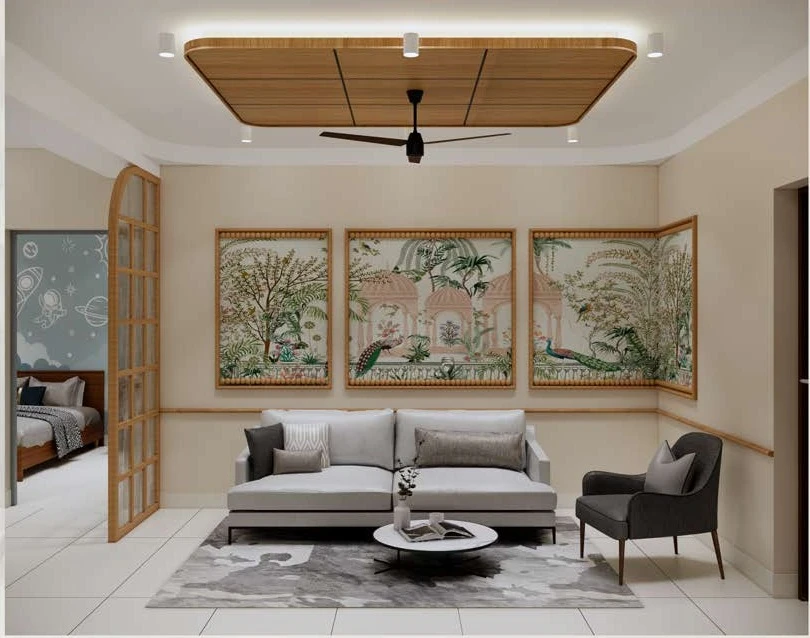 Living — pichwai panels and lounge seating