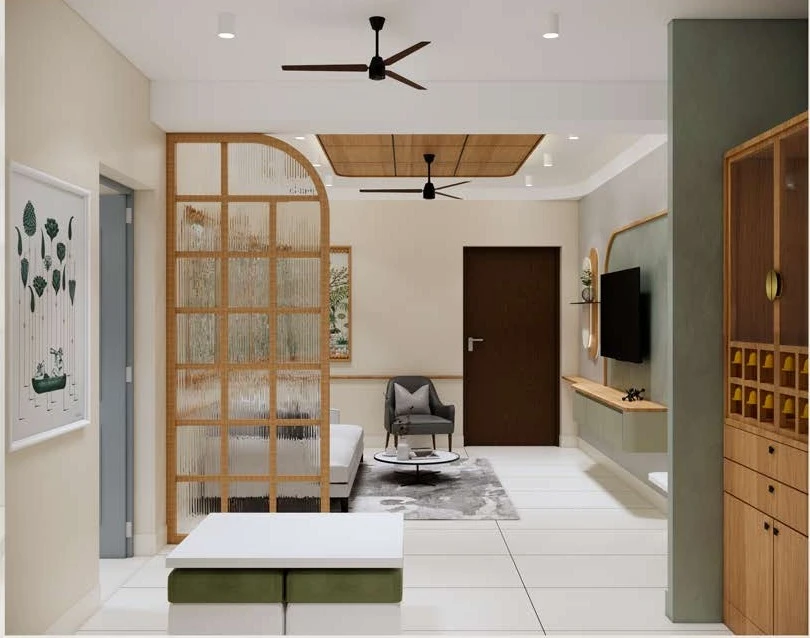 Bedroom — arched cane screen and floating console