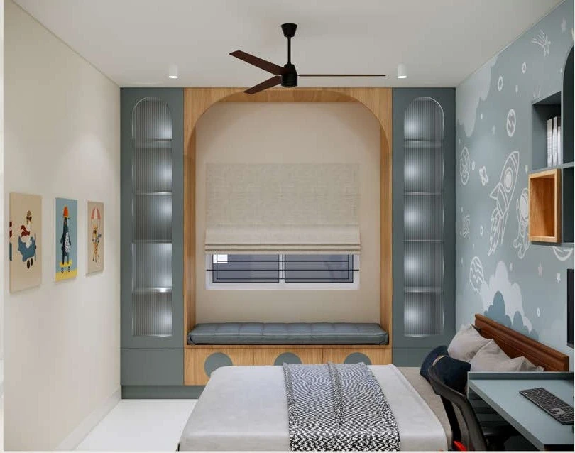 Bedroom — wallpaper headboard and window seat