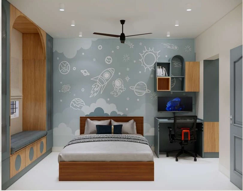 Children’s room — mountain mural and storage