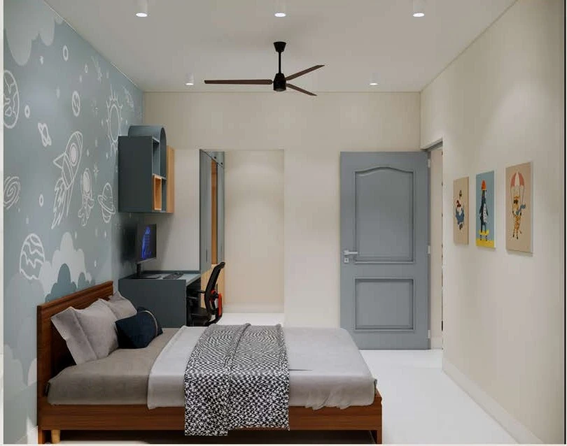 Children’s room — botanical wallpaper and timber ceiling