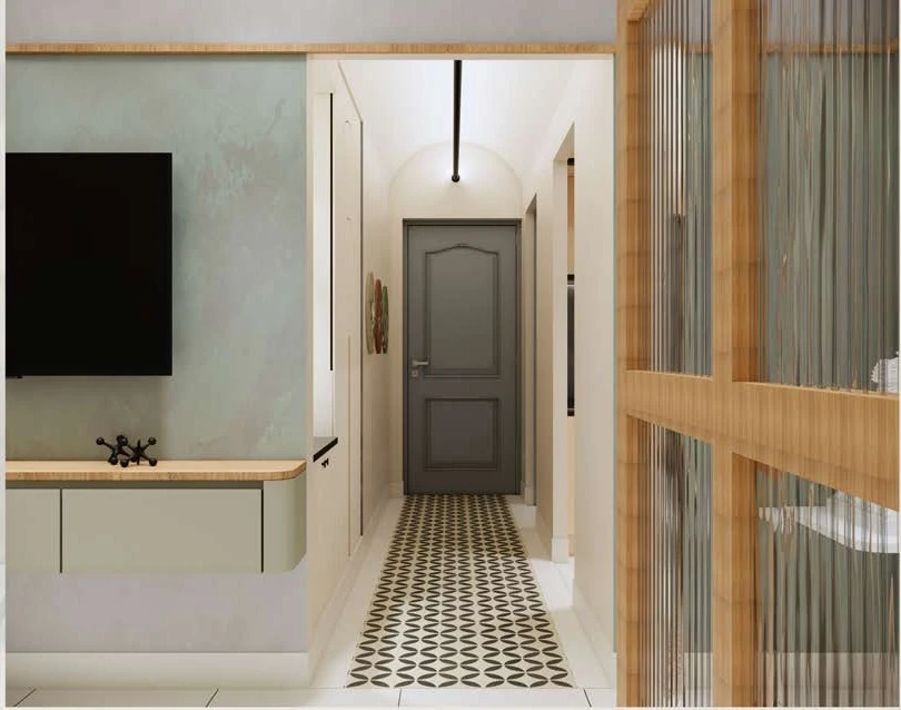Corridor — media wall and patterned floor