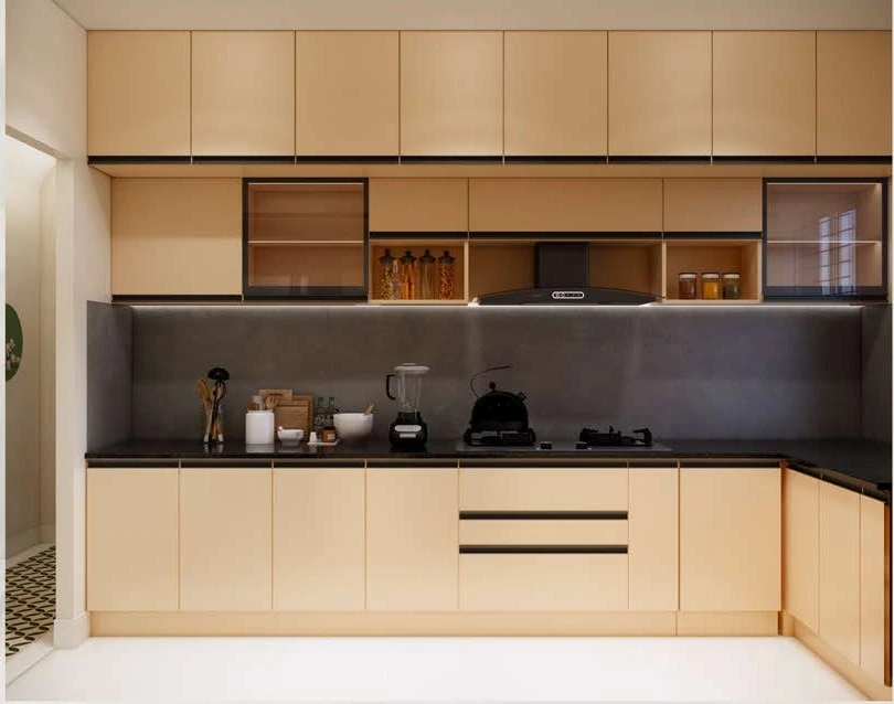 Kitchen — warm veneer units and patterned floor