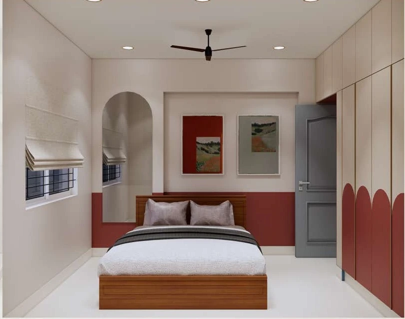 Bedroom — terracotta scalloped wardrobe wall
