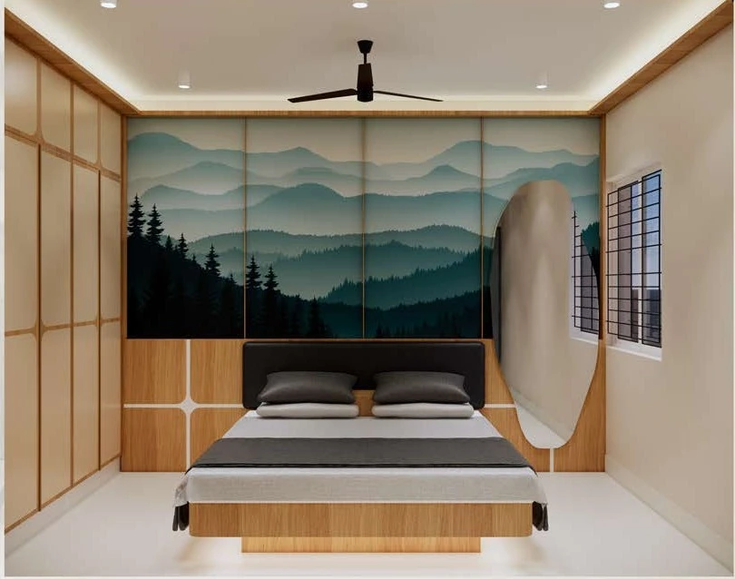 Bedroom — mountain mural behind the panelled bed