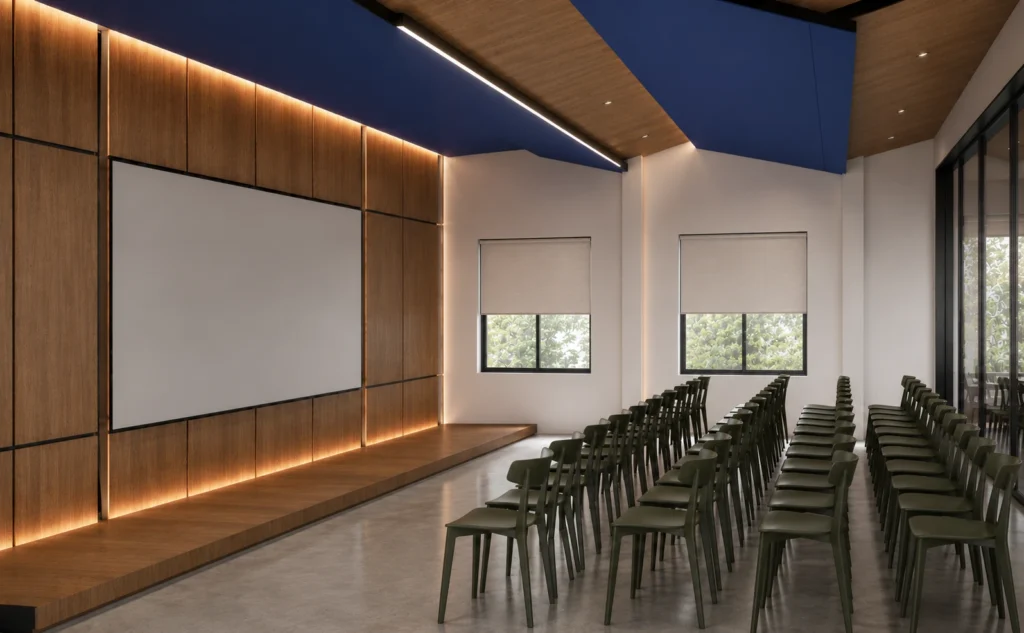 Auditorium — oak-panel stage wall beneath the folded navy ceiling