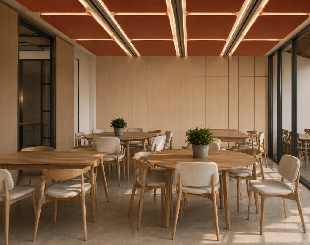 Cafeteria — oak tables under terracotta acoustic rafts