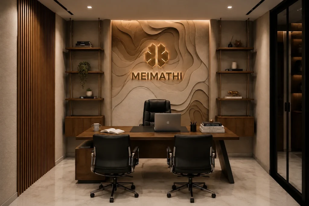 Director’s cabin — the brand carved into a topographic feature wall