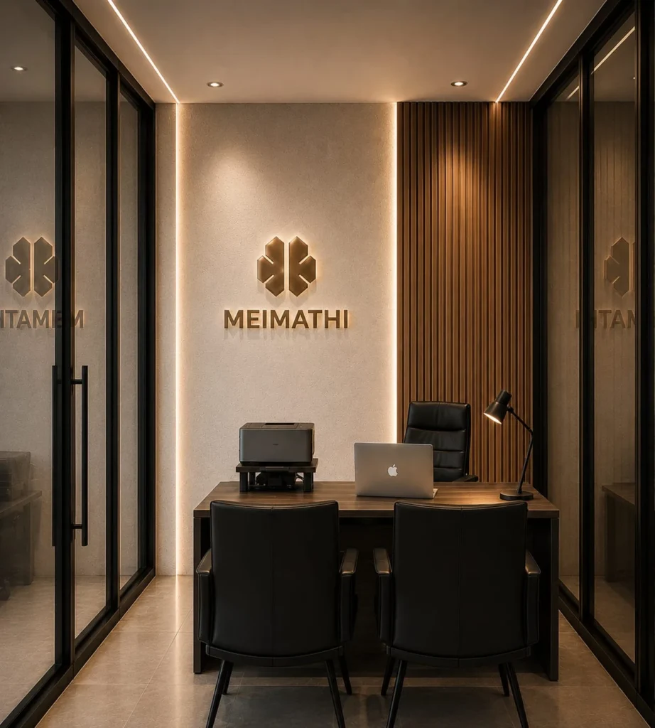 Manager’s cabin — brand signage on the steel-framed glass partition