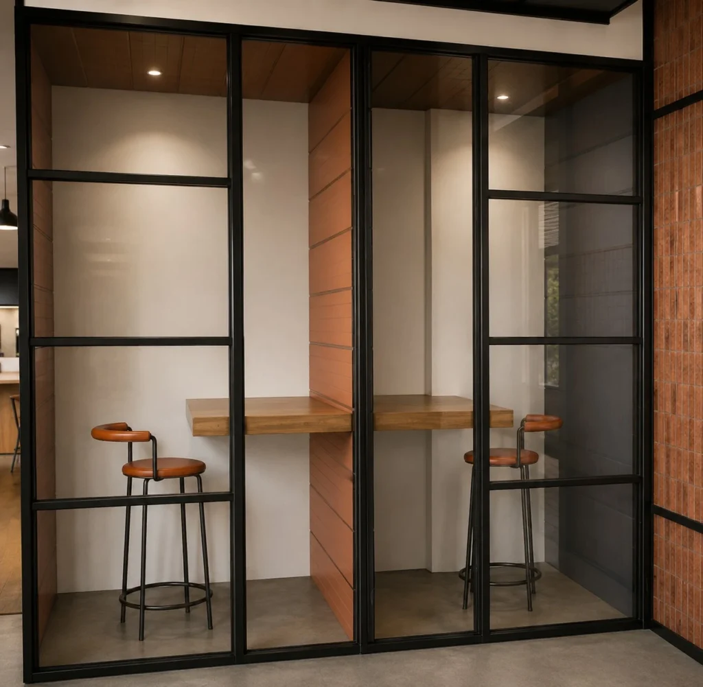 Huddle booths — leather stools in steel-framed glass nooks