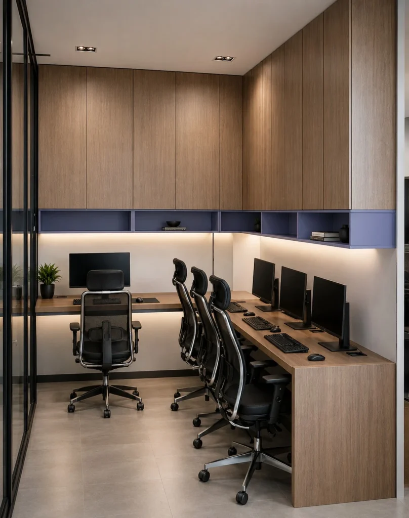 Workstations — oak run with navy accents and cove light