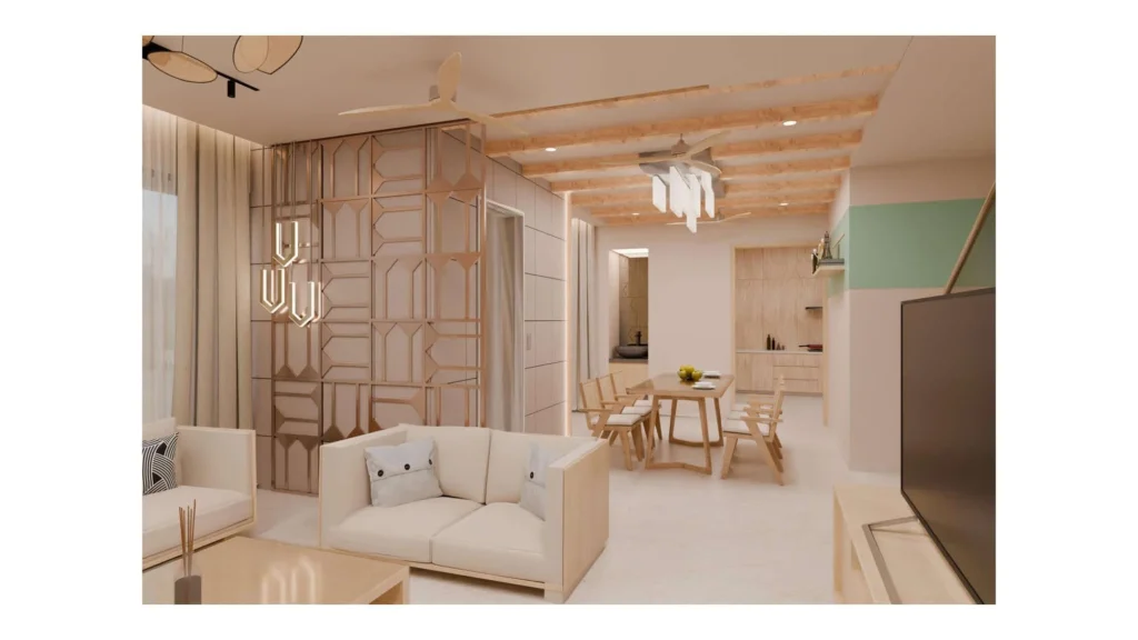 Living and dining — slatted partition and warm wood
