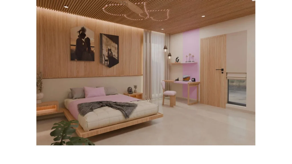 Bedroom — headboard and pastel accents