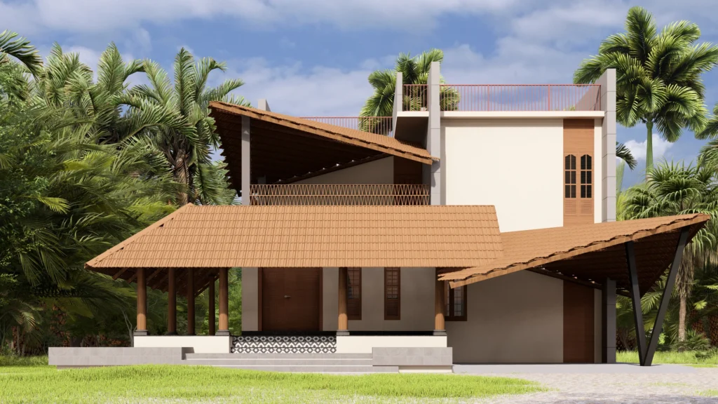 Front elevation — the sleek, wide paper-plane roof