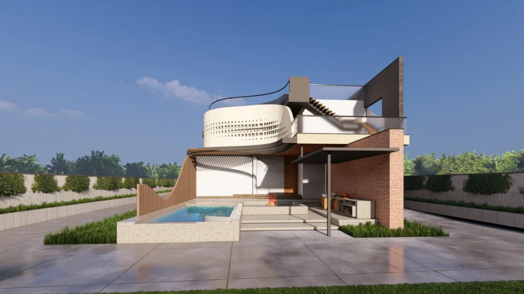 Rear court and pool in full sun