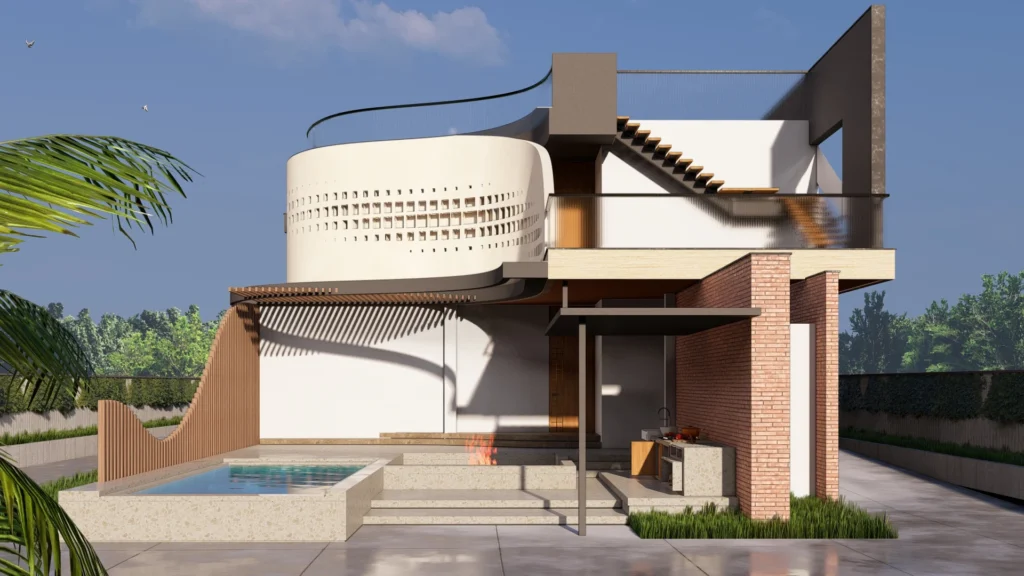Pool court — jali drum over brick and timber