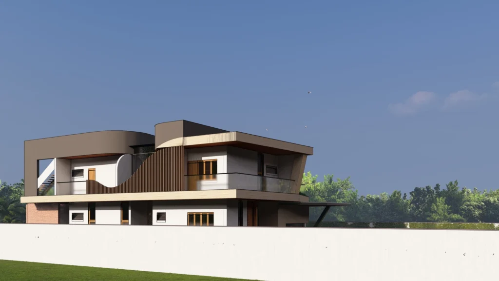 Street elevation — curved roof and slatted screen