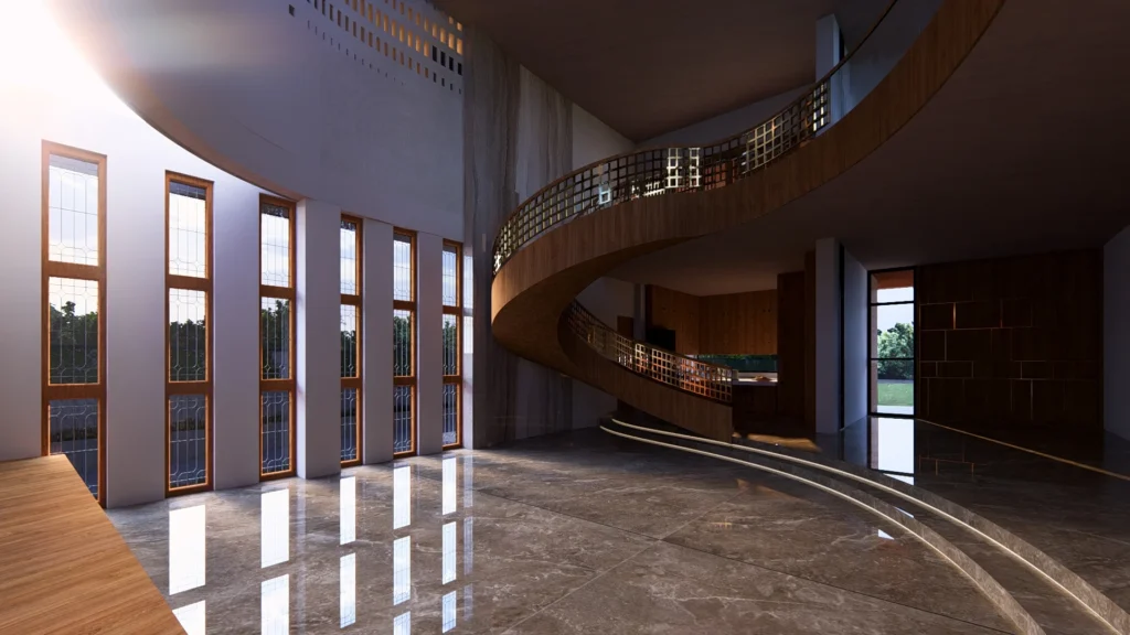 Double-height foyer, glazed to the garden