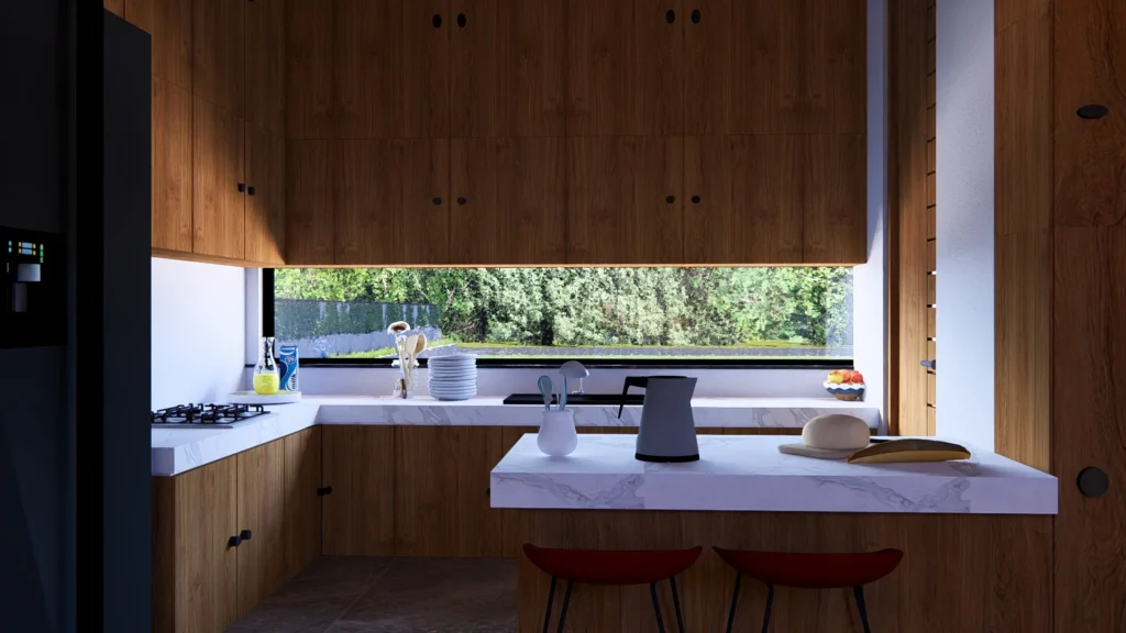 Kitchen — marble island, ribbon window to the green
