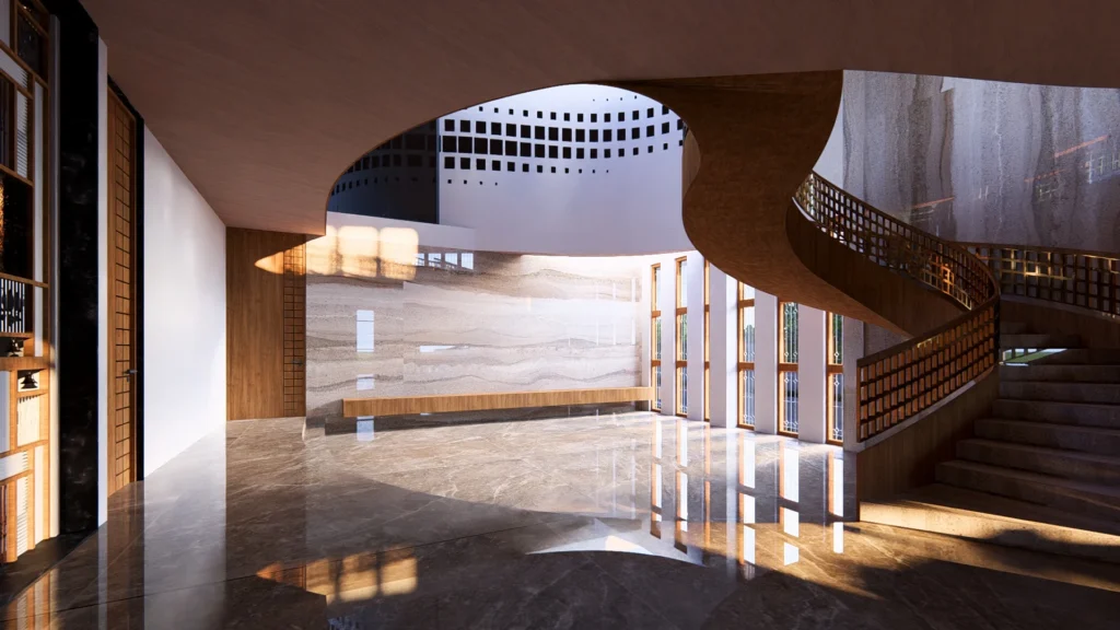 Foyer — the coiled stair beneath the carved oculus
