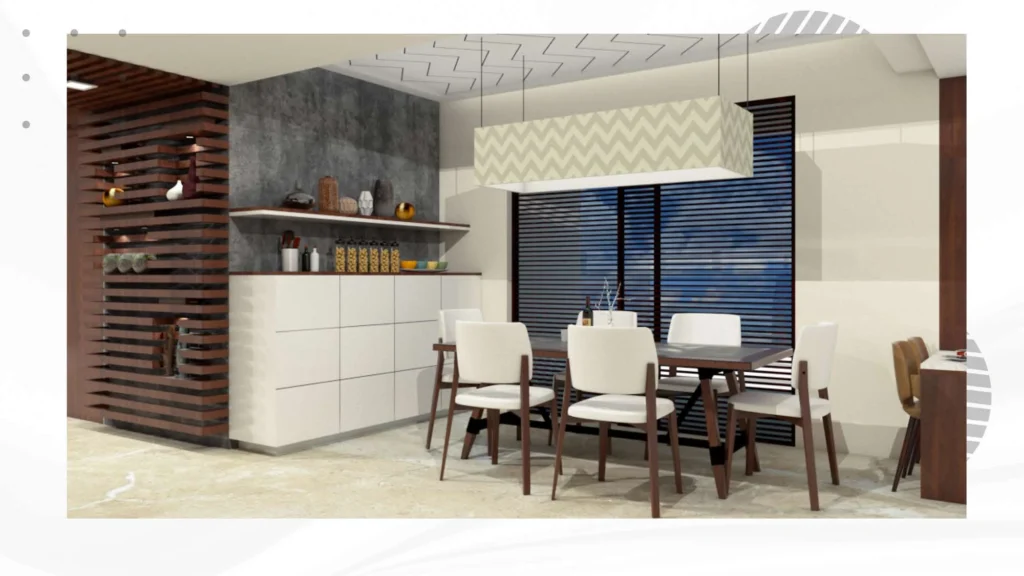 Dining — open counter beside the slatted screen