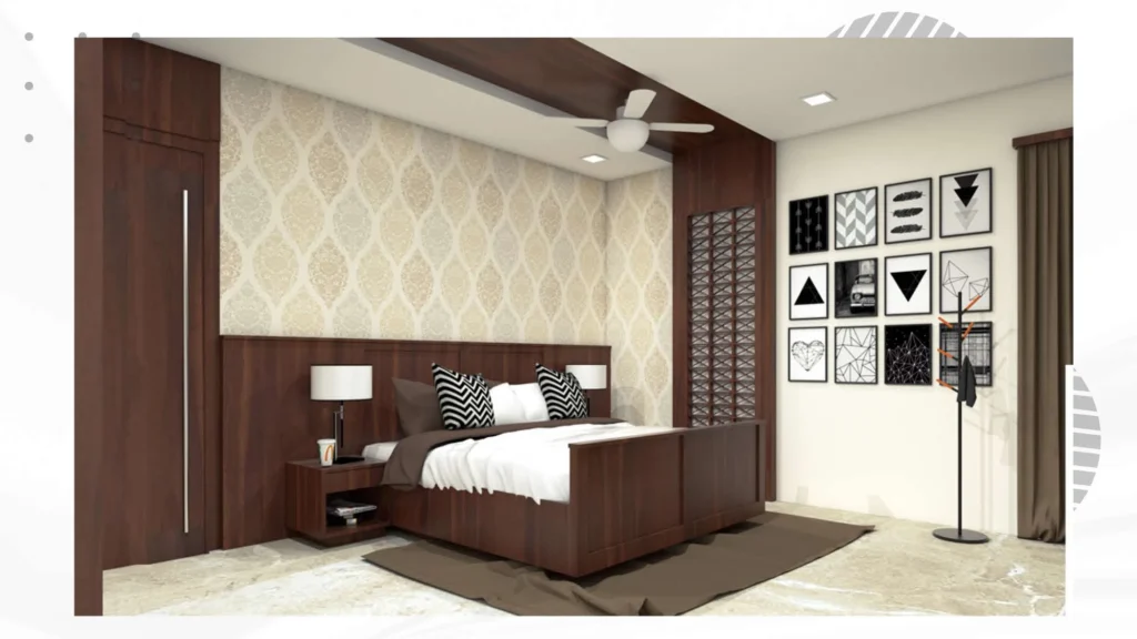 Bedroom — textured headboard wall and gallery frames