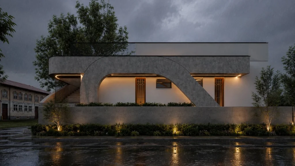 Front elevation — the concrete arc folding past the brick entry wall