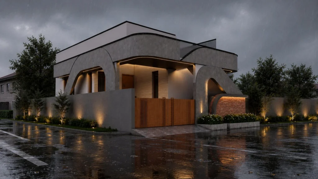 Side elevation — the sweep curving over the arched verandah