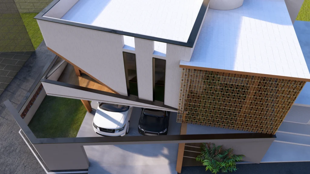 Aerial — roof, carport and the twin light-courts