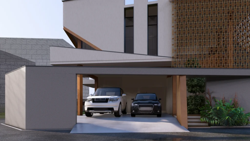 Carport — twin bays tucked beneath the floating veiled box