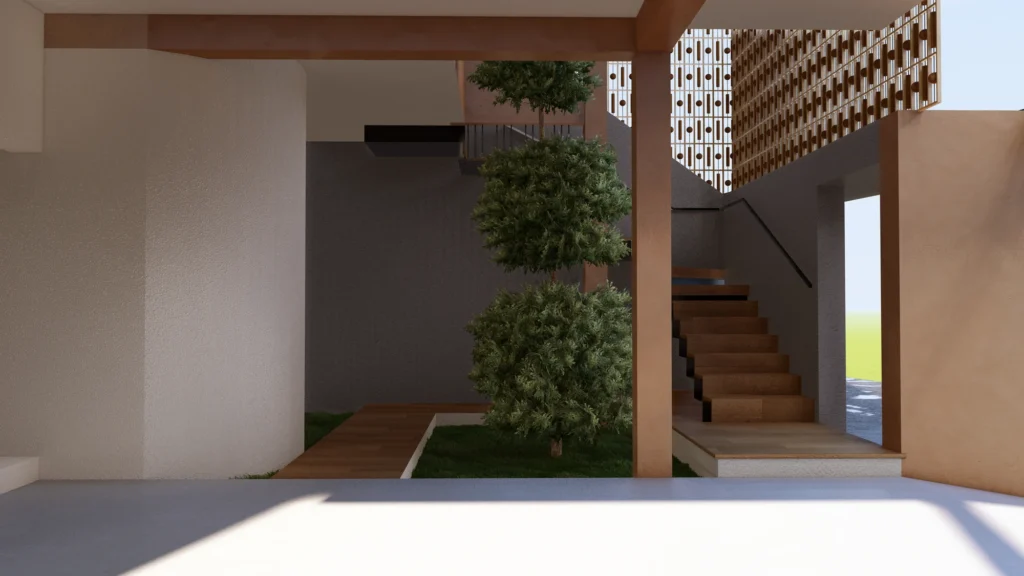 Courtyard — a single tree climbing past the floating timber stair