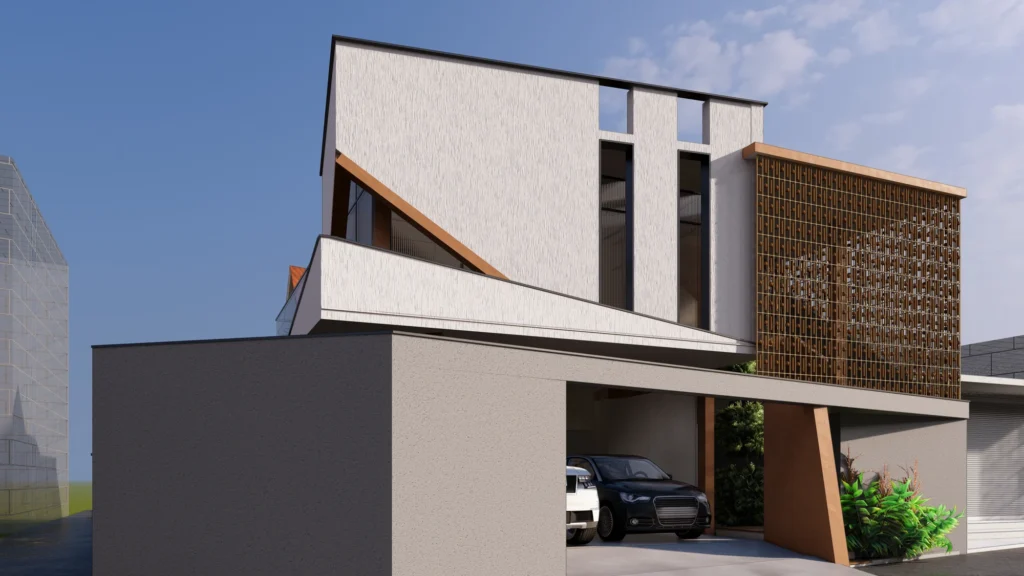 Street view — folded white volume and the terracotta veil