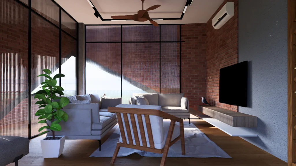 Living — exposed-brick media wall, reeded glass to the fields