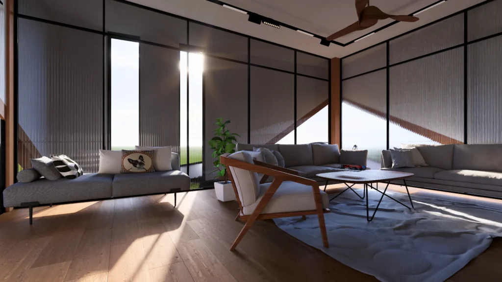 Living — daybed and lounge in the full-height glazed corner at dusk