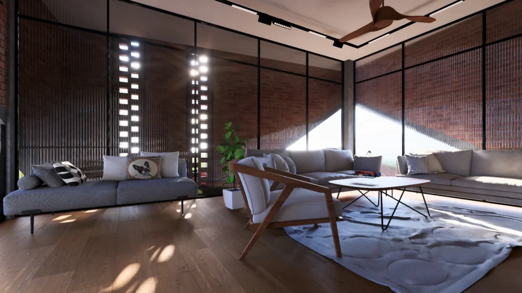 Living — brick and reeded screen filtering the low evening light