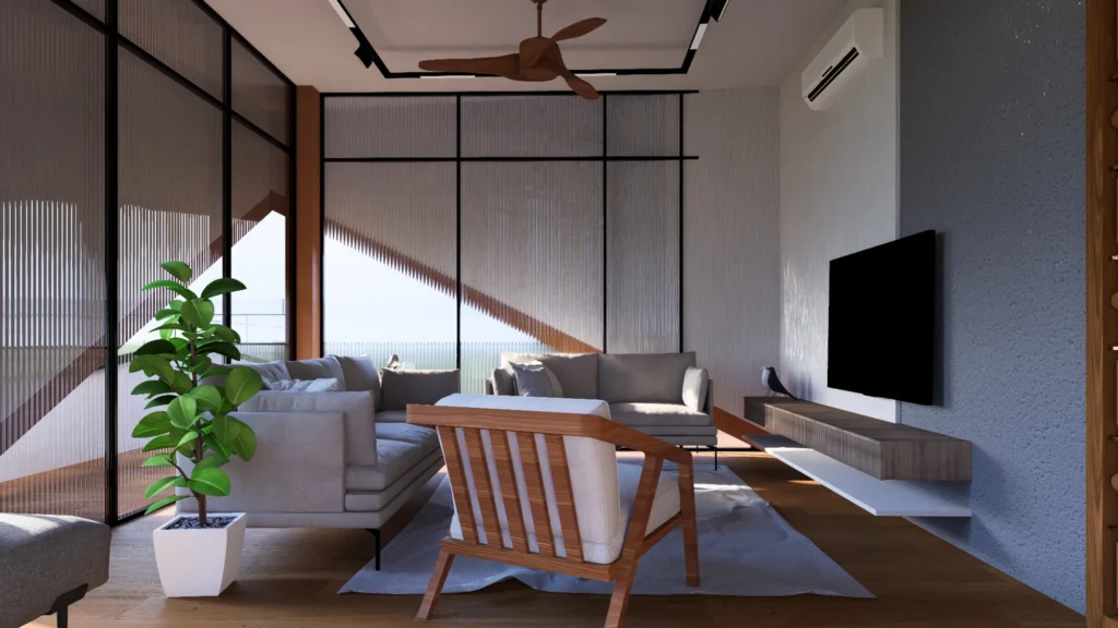 Living — reeded-glass partition and floating console