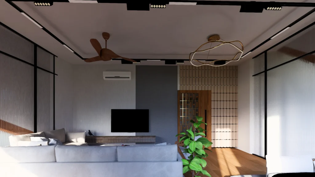 Living — carved teak screen and brick-tile wall under the gold pendant