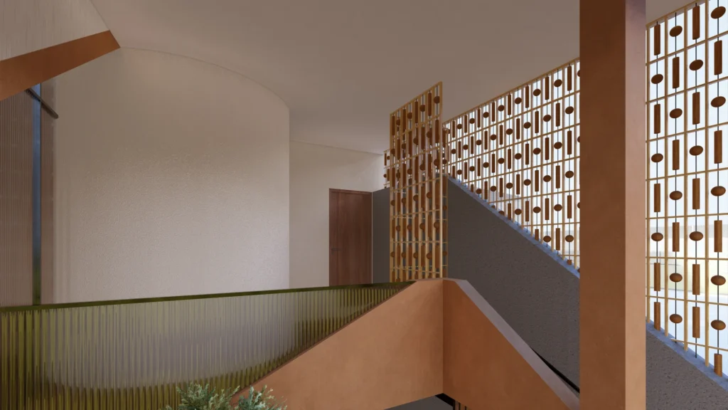 Stair hall — cantilevered treads against the glowing terracotta veil